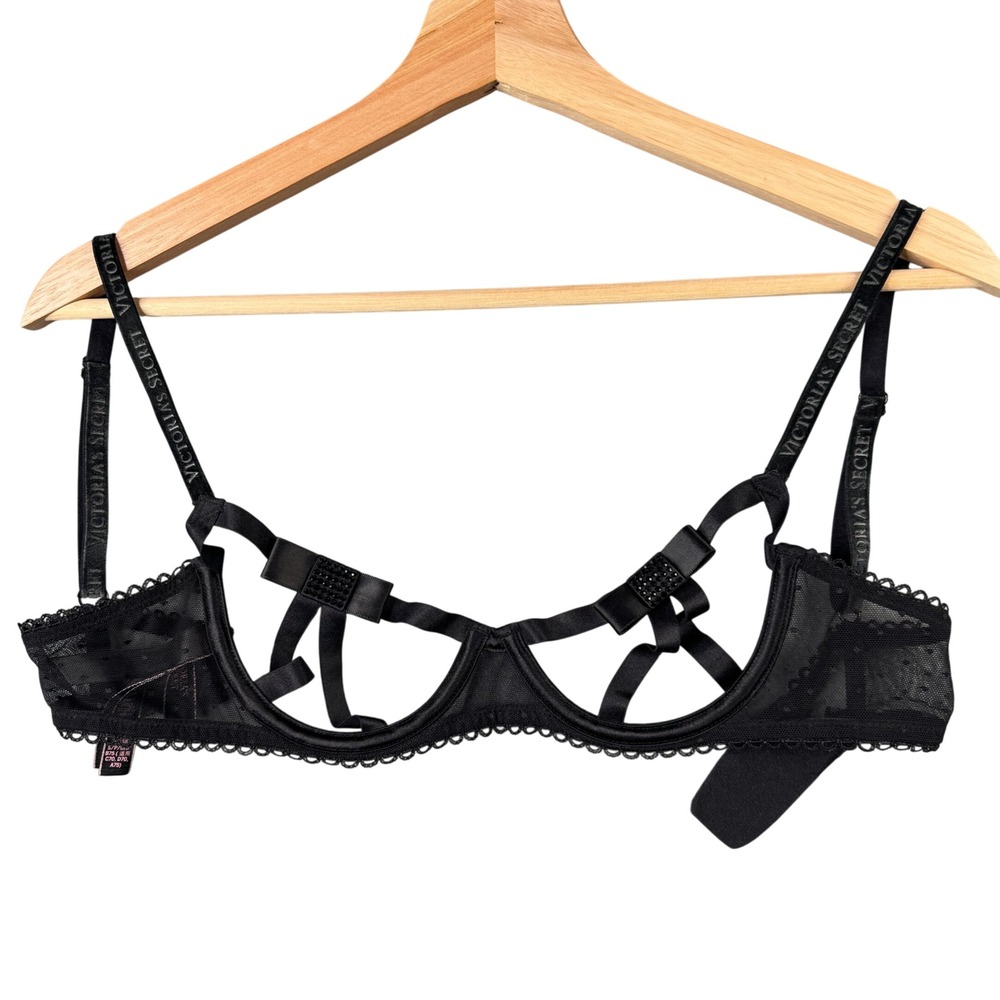 Victorias Secret Very Sexy Black Unlined Balconet Bra Rhinestone Bow Logo Straps